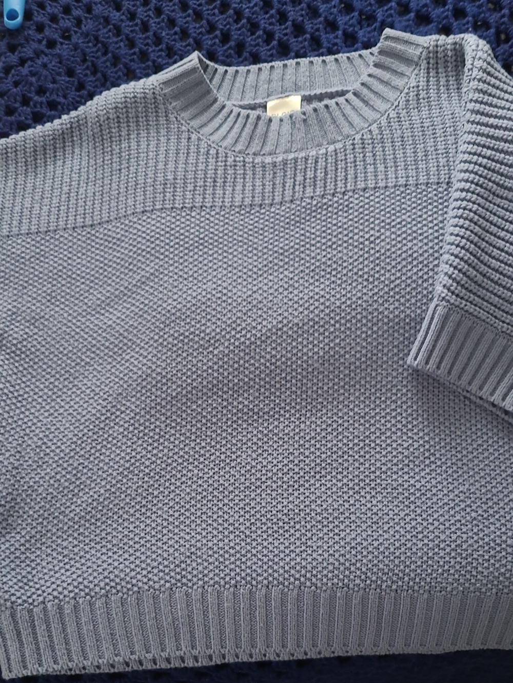 Womans Classic Crewneck Sweater With Short Sleeves- Slate Blue M